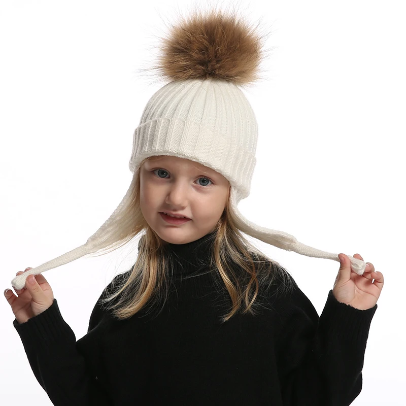 Kids Earflap Beanie Boy Girl Winter Wool Hat Real Fur Pompom Hat Warm Knitted Baby Hat Children Pompon Beanies Cap