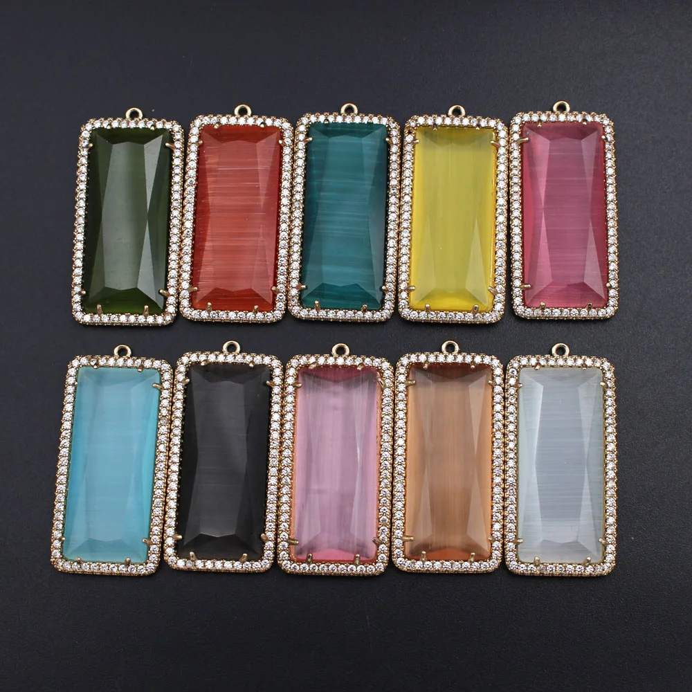 6pcs Gold Plated Rectangle Stone Pendants Color Cats Eye Stone CZ Paved Charms For DIY Women Dangle Earrings Necklace Supplies