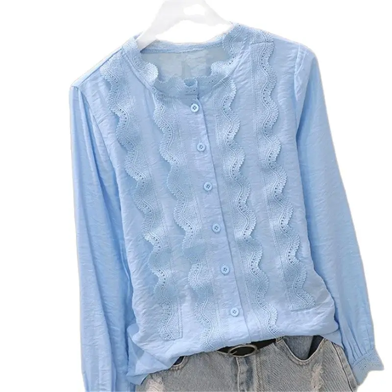 

New 2021 Autumn New Collar Chiffon Long-Sleeved Shirt Fashionable OL Makings Thin Lace PatChwork Chiffon Shirt