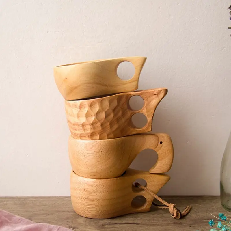 Wooden Cups Tea Coffee Mug Portable Outdoor Drinking Milk Cup With Handle Home Decor Drinkware Kuksa Kasa Tea Mug