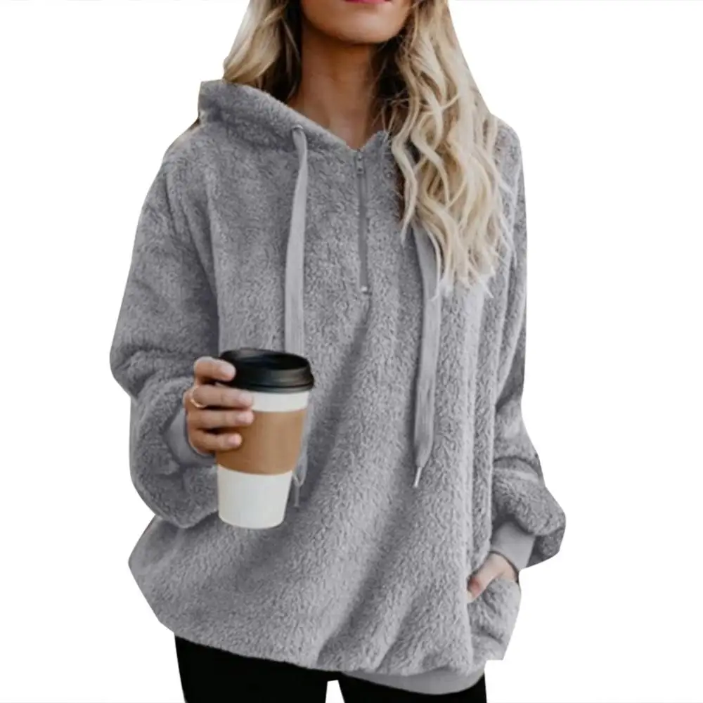 60%HOT Fall Winter Long Sleeve Plush Hooded Shirt Warm Sweatshirt Plus Size Winter Solid Zip Puff Hoodie Women\'s Hooded Sweatshi