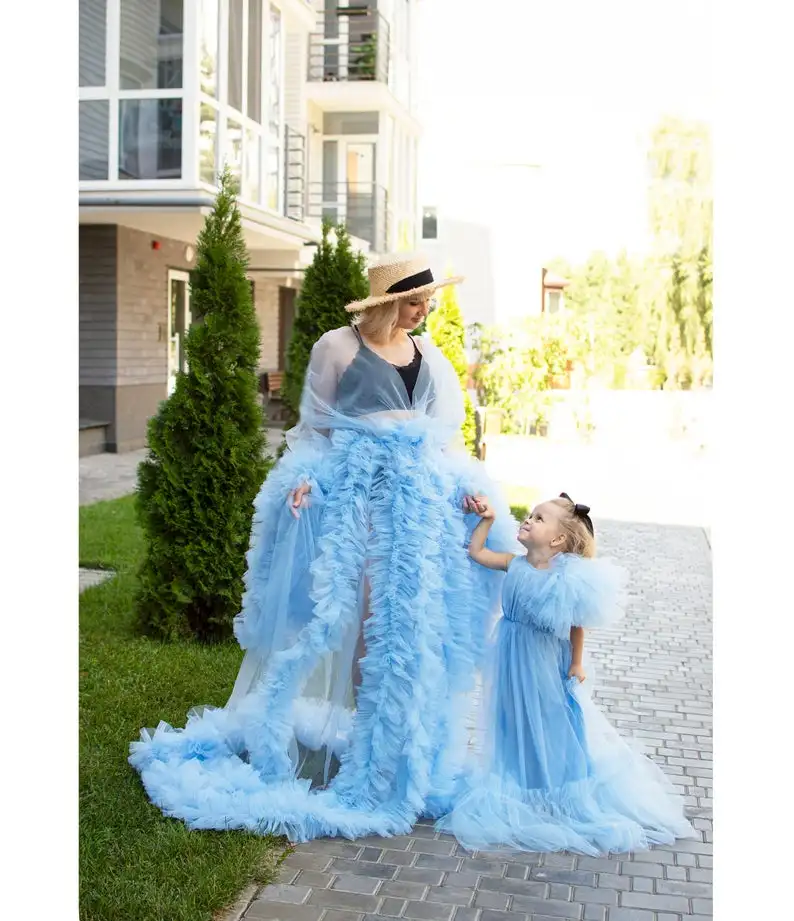 Parent-child Sleepwear Ruffle Tulle Women Sleepgown Custom Made Sleeveless Photo Shoot Nightgown Two Piece Nightwear