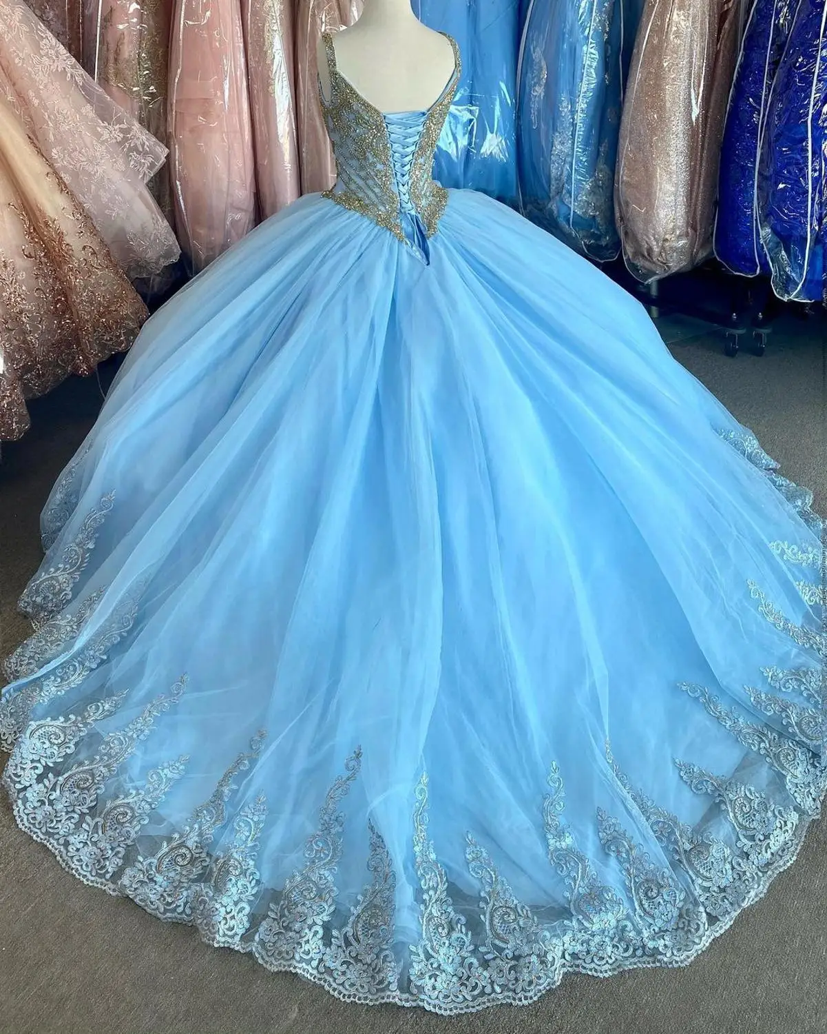 Light Blue vestidos de 15 años 2021Puffy  Quinceanera Dress Lace Off the Shoulder Sweet 16 Dress Long Prom Gowns Lace-Up Quince