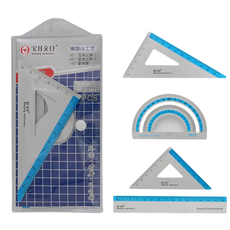 Aluminum alloy ruler Fillet safety Right Angle Triangle Ruler and 15cm ruler Protractor Student geometry tools