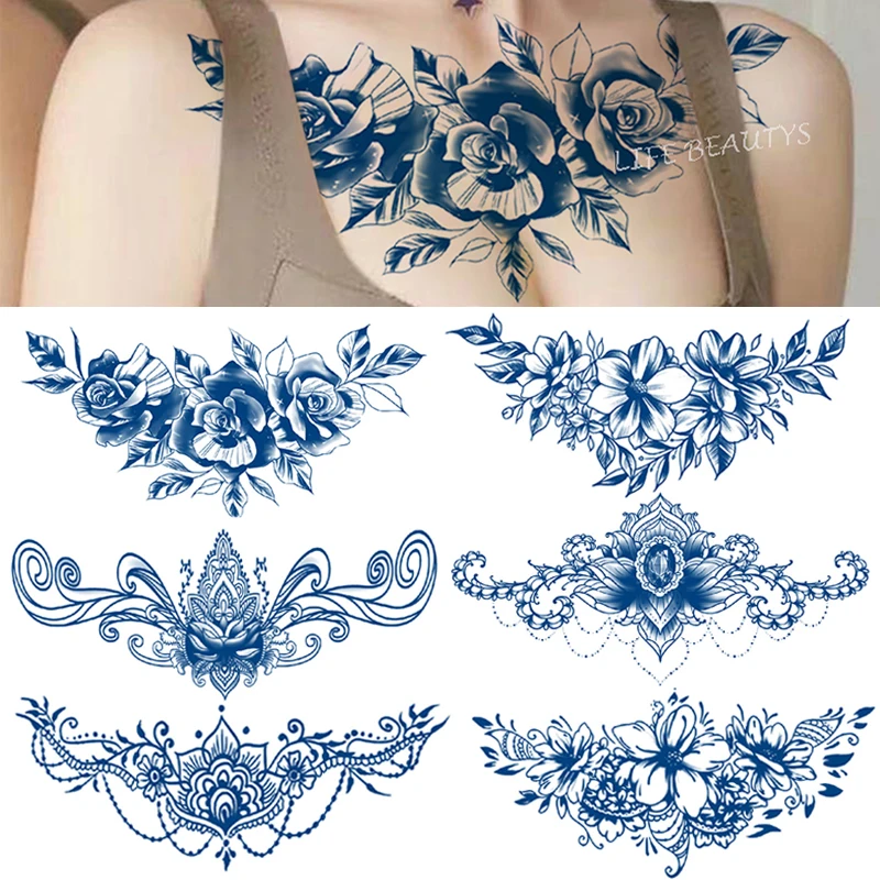 Juice Lasting Large Chest Tattoo Flower Diamond Waterproof Temporary Sticker Flash Body Art Fashion Women Tattoos Girls