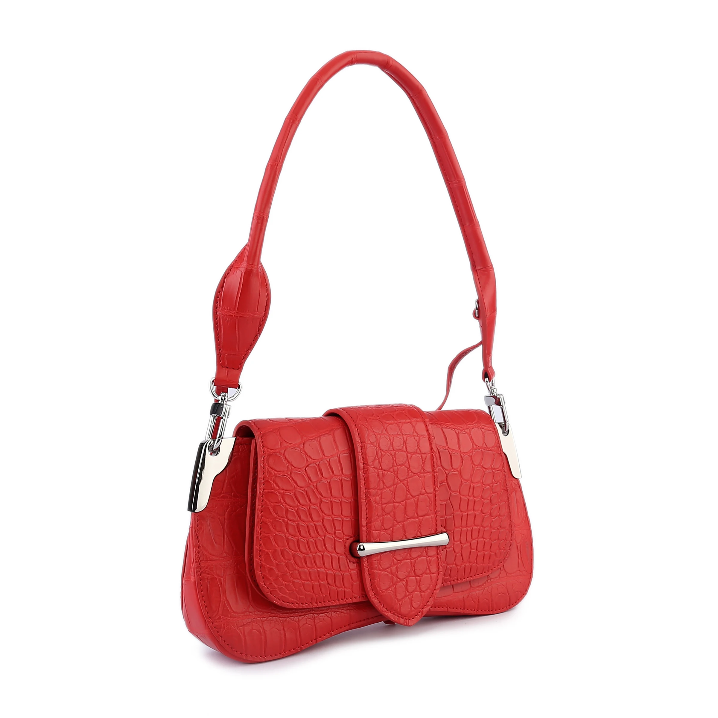 2019 latest Red color  genuine crocodile skin women shoulder cross body bag with cow skin lining silver color metal free ship