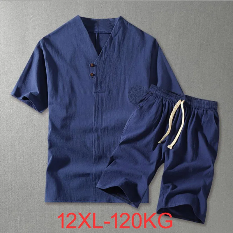 Chándal de talla grande para hombre, Camiseta corta de lino, traje de verano de 160kg, 5XL, conjunto de algodón para marido