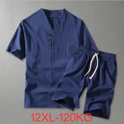 ChÃĄndal de talla grande para hombre, Camiseta corta de lino, traje de verano de 160kg, 5XL, conjunto de algodÃģn para marido
