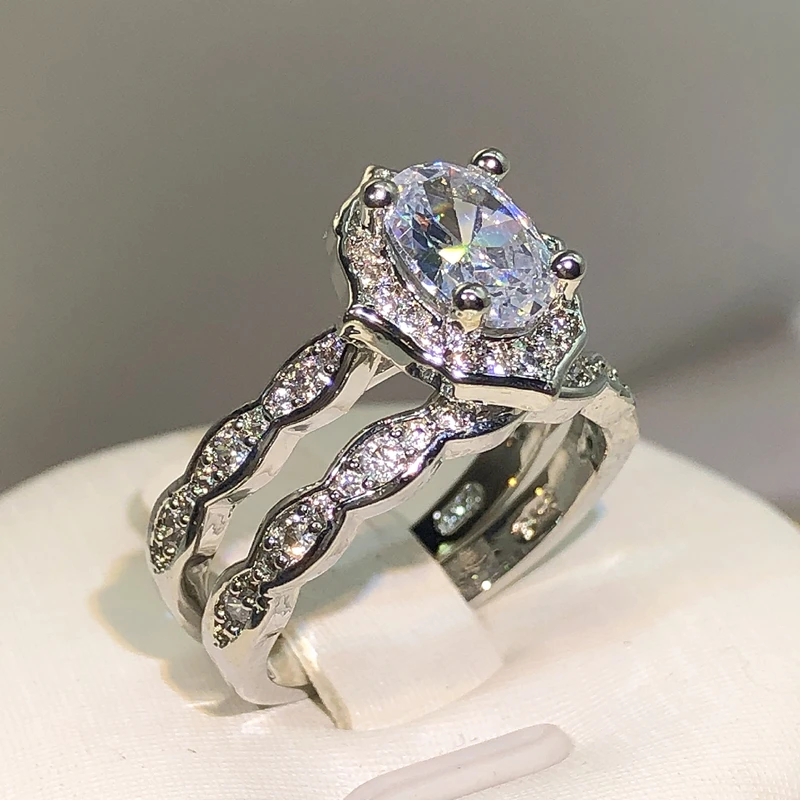 925 Silver New Arrival Four Claw Round Zircon Double Rings For Ladies Party Birthday Jewelry Gift