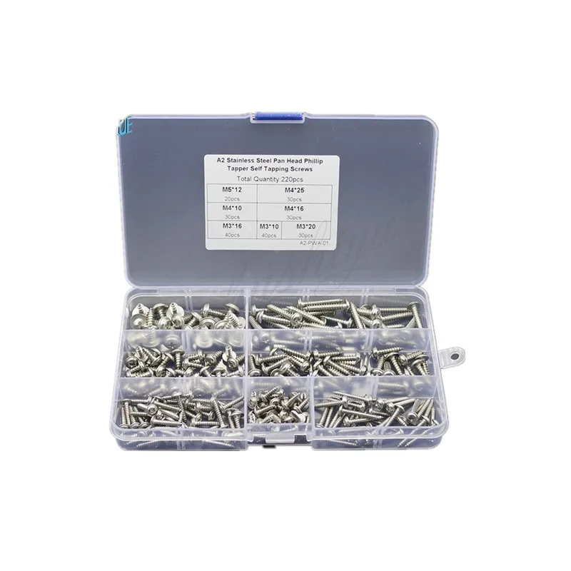 220pc M3 M4 M5 304 Stainless Steel Pan Head Cross Tapper Self Tapping Screws