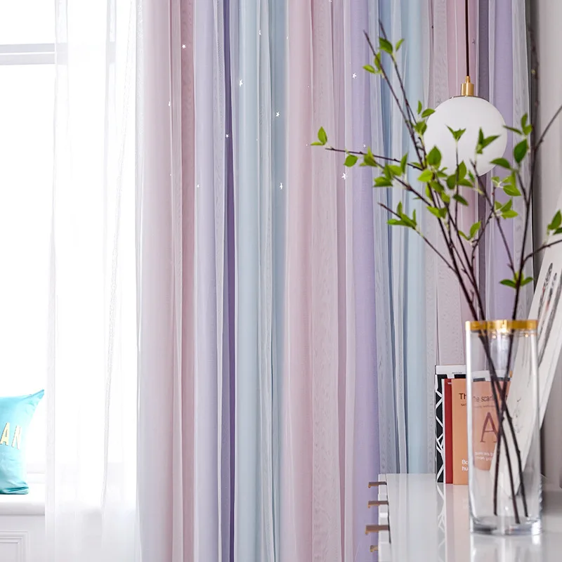 Princess Style Double Layer Blackout Star Hollow Gradient Color Stripe Curtain with Lace Tulle for Home Living Room Window Decor