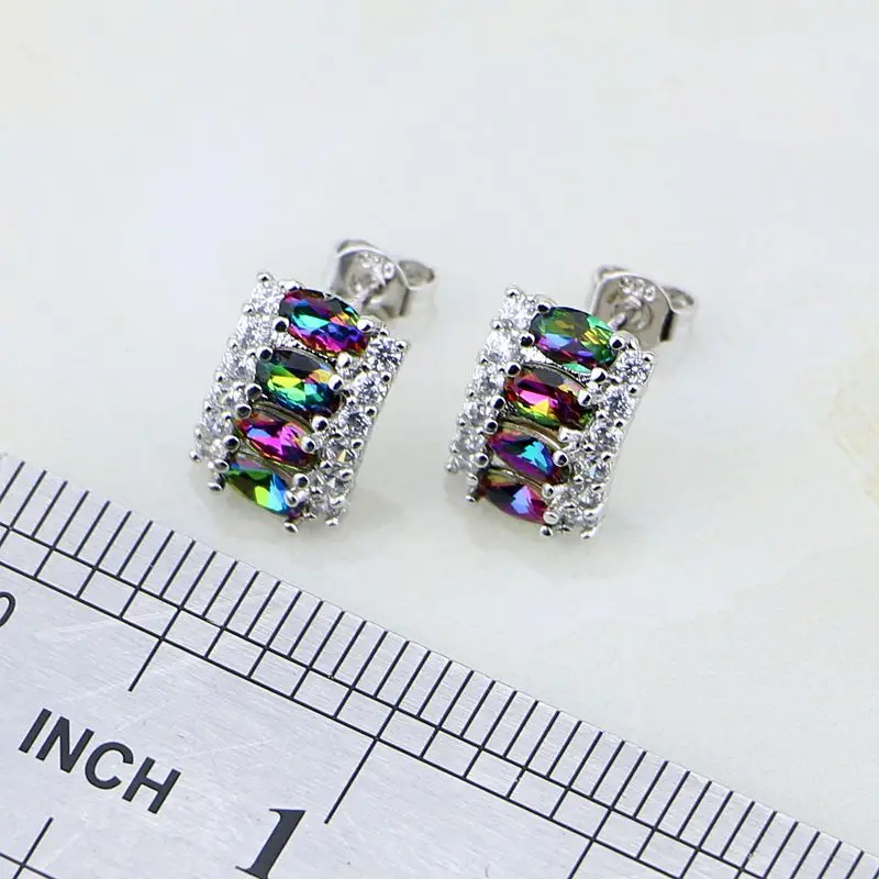 Trendy Mystic Rainbow Fire White Birthstone Charms 925 Silver Jewelry Sets For Women Wedding Stud Earrings/Necklace/Pendant/Ring
