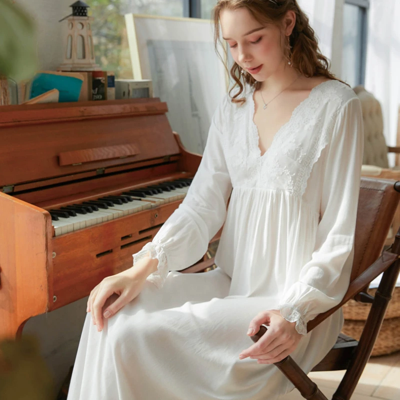 Victorian Night Dress Women Cotton Sexy White Lace Long Peignoir Shirts Princess Sleepwear Vintage Romantic Nightgowns Nightwear