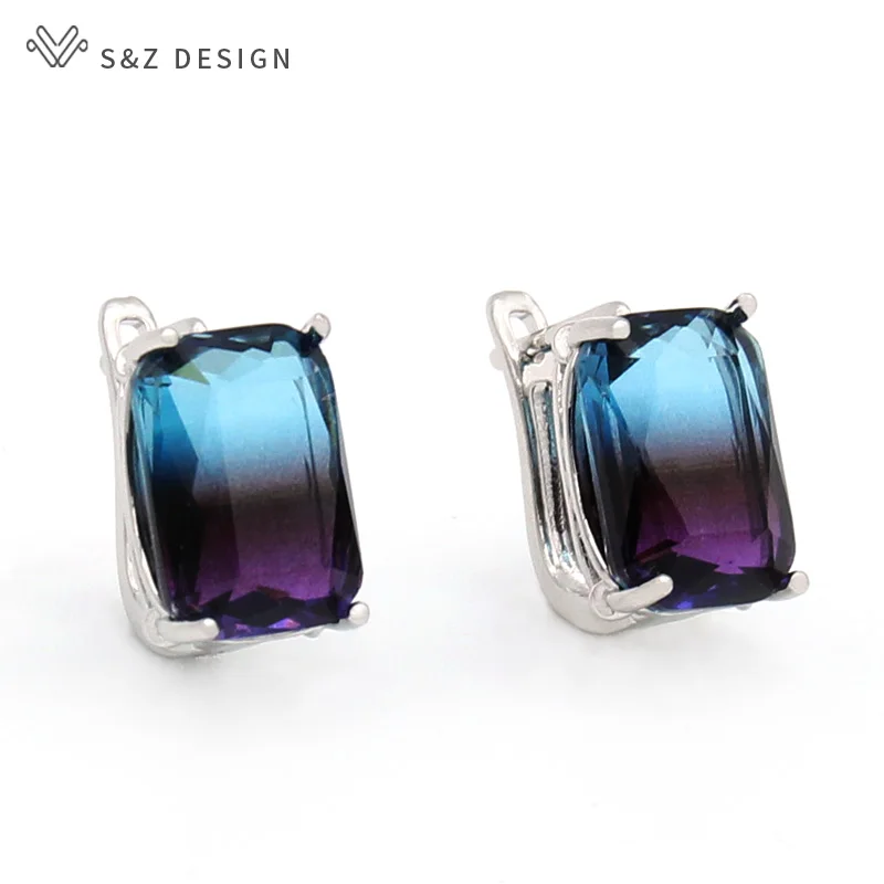 S&Z DESIGN New Fashion Square Imitation Tourmaline Dangle Earrings For Women Fine 585 Rose Gold Color Wedding Jewelry