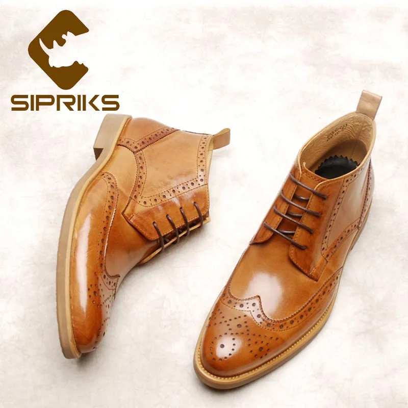 

2022 Sipriks Male Real Cow Leather Boots Retro Classic Wingtip Ankle Boot Men's Light Brown Cowboy Boots High Tops Shoes Euro 44