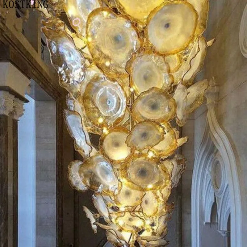 Luxury Golden Chandelier Hand Blown Glass Art Lighting Fixture Flower Murano Hanging Plates Chandelier Hallway Lightings