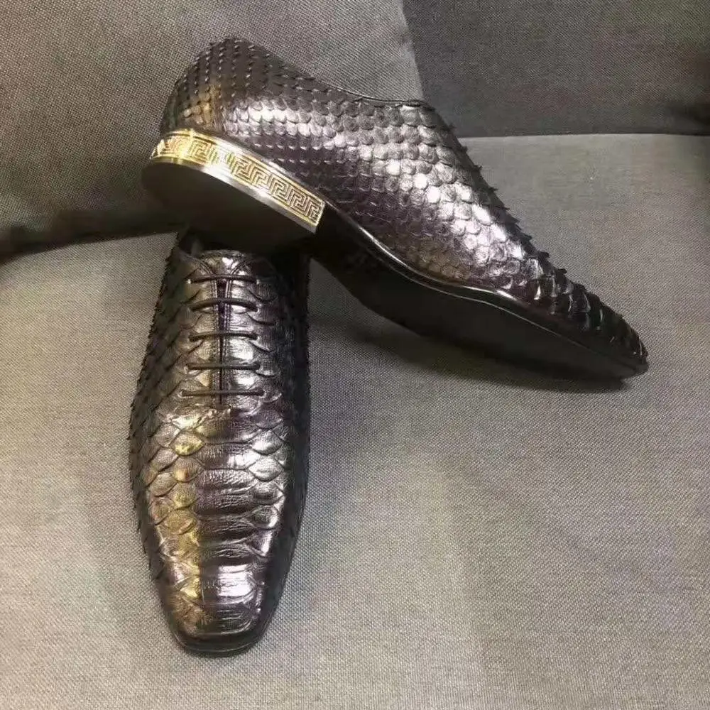 Mewah Berkualitas Baru Asli Real Ular Python Kulit Warna Hitam Pria Bisnis Gaun Sepatu Kulit Sapi Sepatu Base dan lapisan