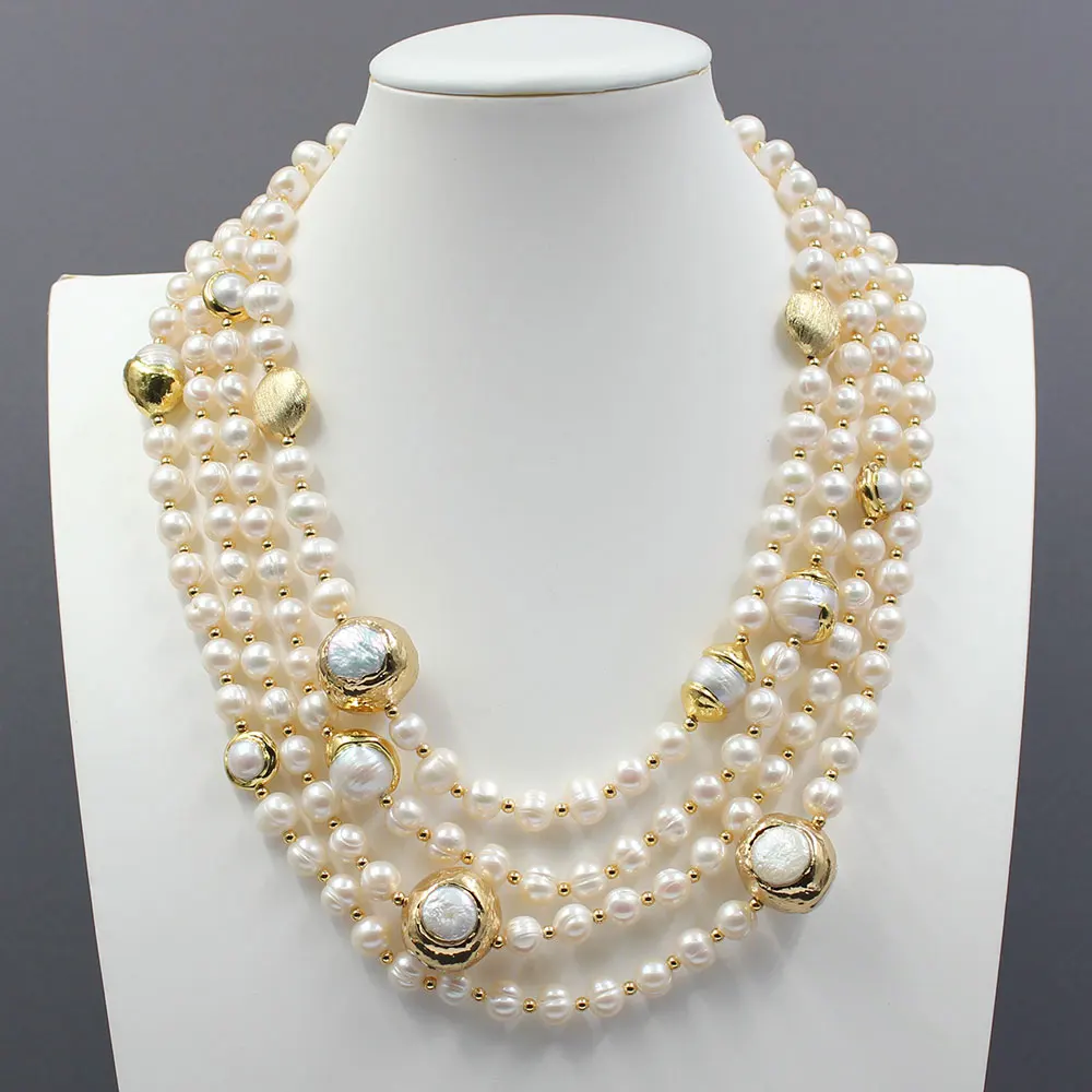 GG 4 Strands Natural Freshwater Cultured White Pearl Gold Color Plated Keshi Pearl Necklace 18\