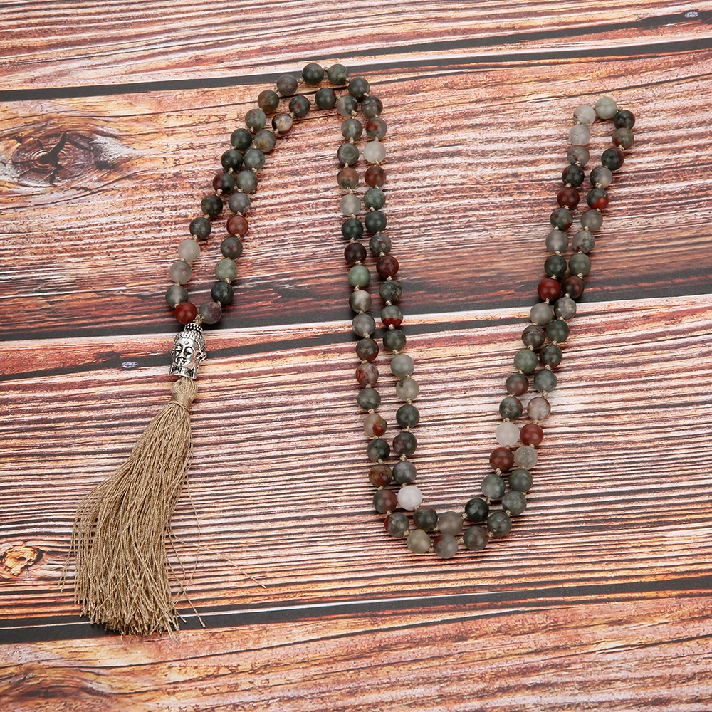 

6/8mm Natural Bloodstone 108 Mala Beaded Knotted Necklace Meditation Yoga Tibetan Buddha Head Tassel Pendant Japa Rosary Jewelry