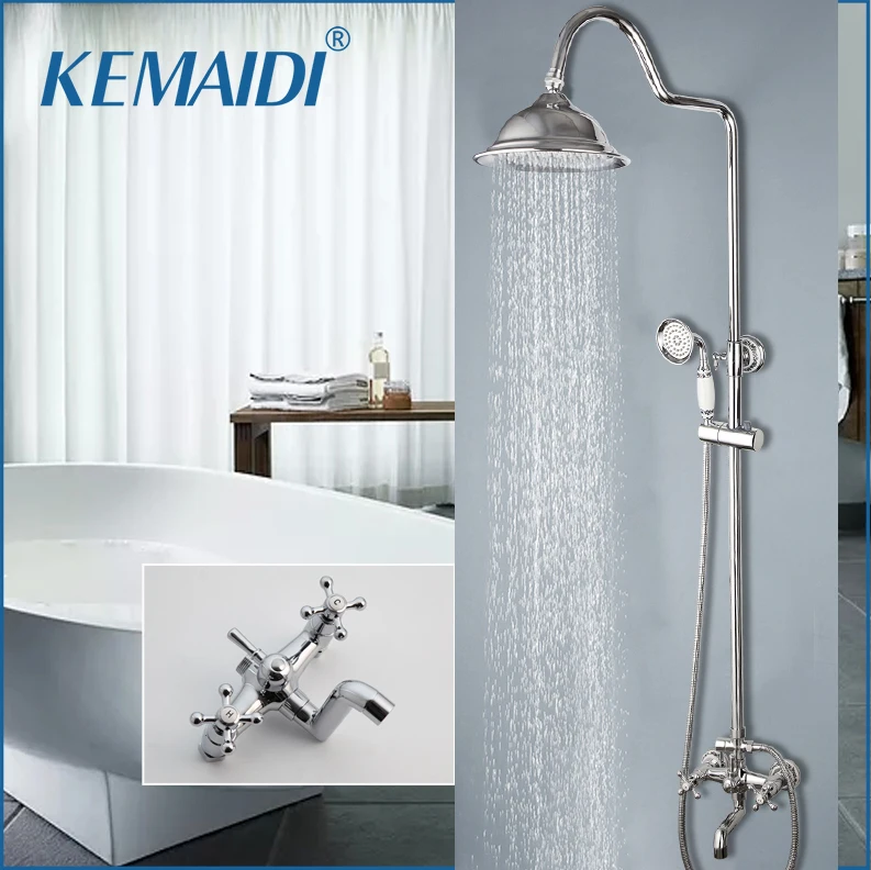 

KEMAIDI Bathroom Chrome Finished Shower Faucet Set Rainfall Shower Head Bath Solid Brass Bathtub Shower Mixer Hand Shower Spray