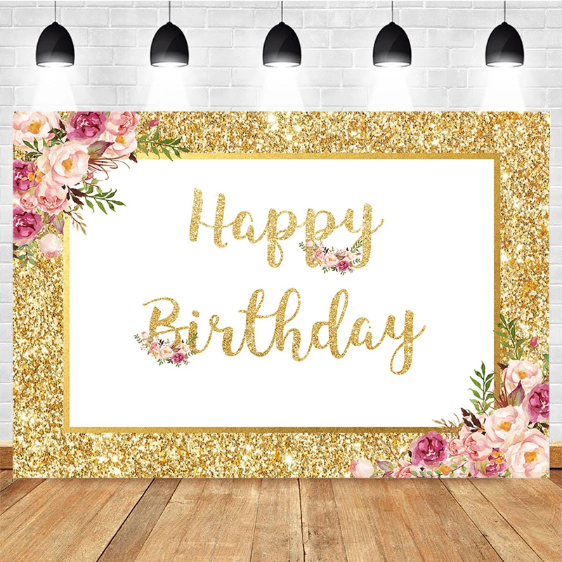 Mocsicka Happy Birthday Photography Background Bling Floral Decoration Props Birthday Party Photo Backdrop Custom Banner