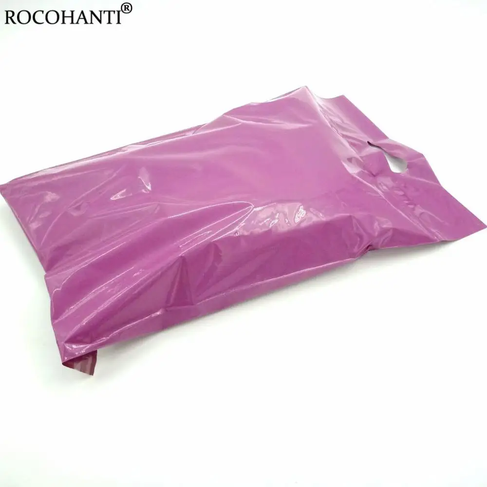 50X Custom Logo Printed Self-Adhesive Poly Mailer Plastic Mailing Bags With Handle for Gift Packaging Shipping Bag Purple Color