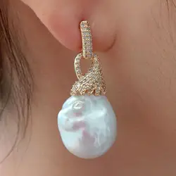 YYGEM Natural Nucleated Flameball Baroque Pearl Gold color Plated Cubic Zirconia Pave Stud Earrings classic wedding for women
