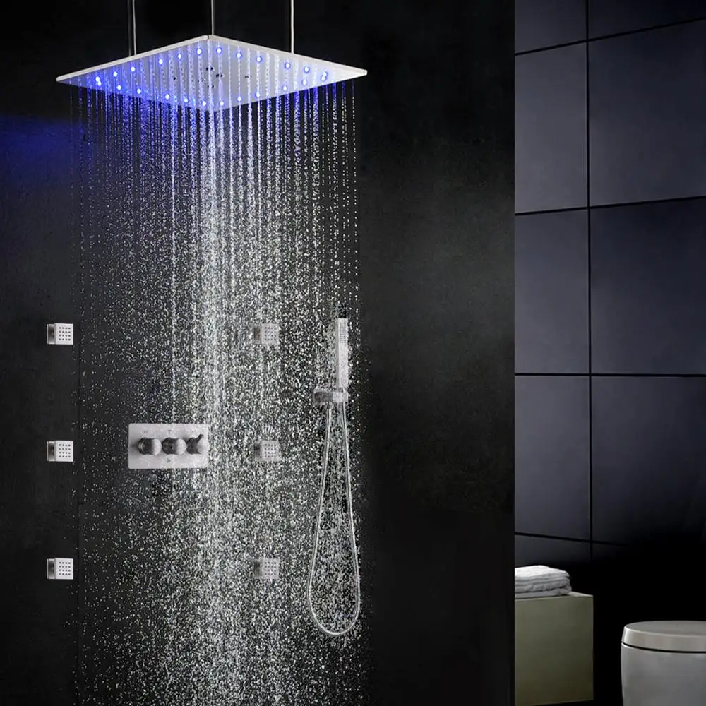 

DULABRAHE Bathroom Shower Faucet Set Ceil Mount 20 Inch LED Rain Shower Head With Hand Shower Spa Body Massage Combo System