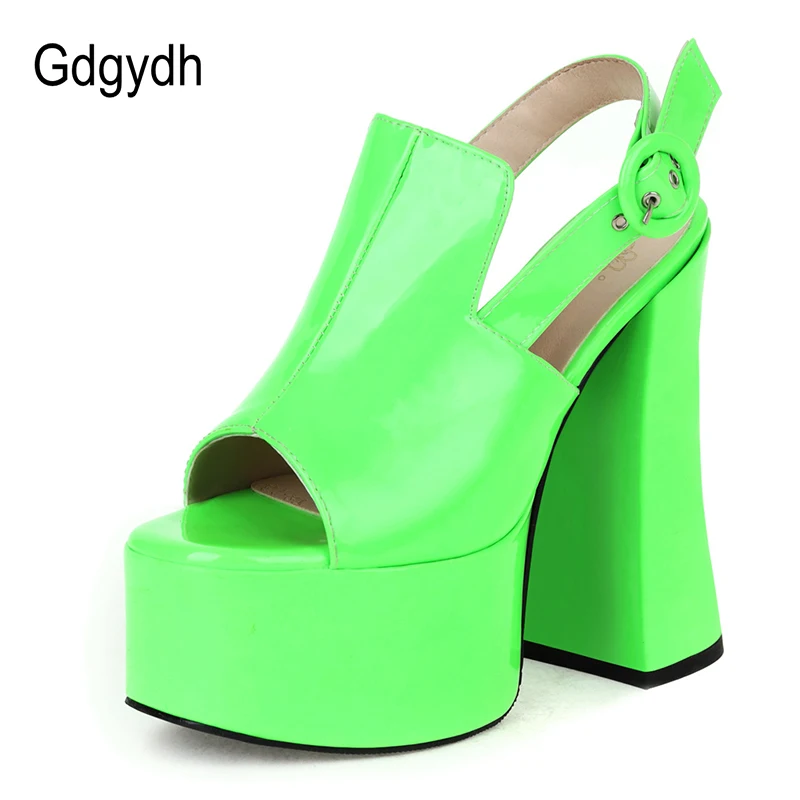 Gdgydh Ins Style Cool Punk Fashion Shoes Women Platform Pumps Block Heel Back Strap Peep Toe Bright Leather Catwalk Shoes Model