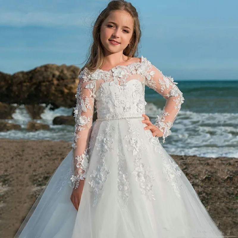 Vestido vintage de renda com mangas compridas, vestido branco de flores para meninas, decote puro e flores para desfile