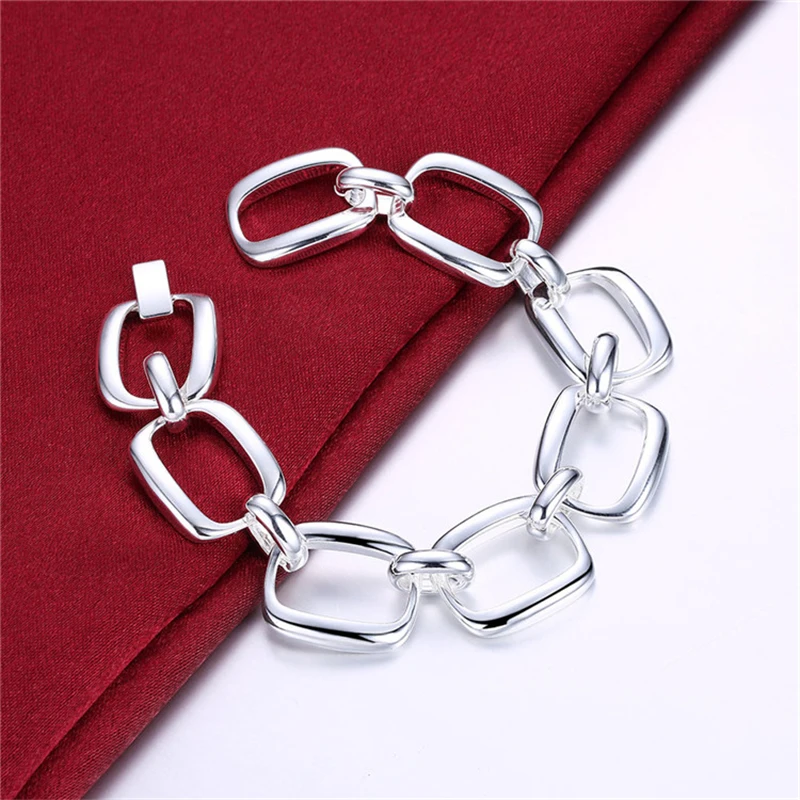 Silver Plated Bracelets for Women Square Geometric Link Chain Bangles Pulseira Femme Wristband Trendy Jewelry Accessories