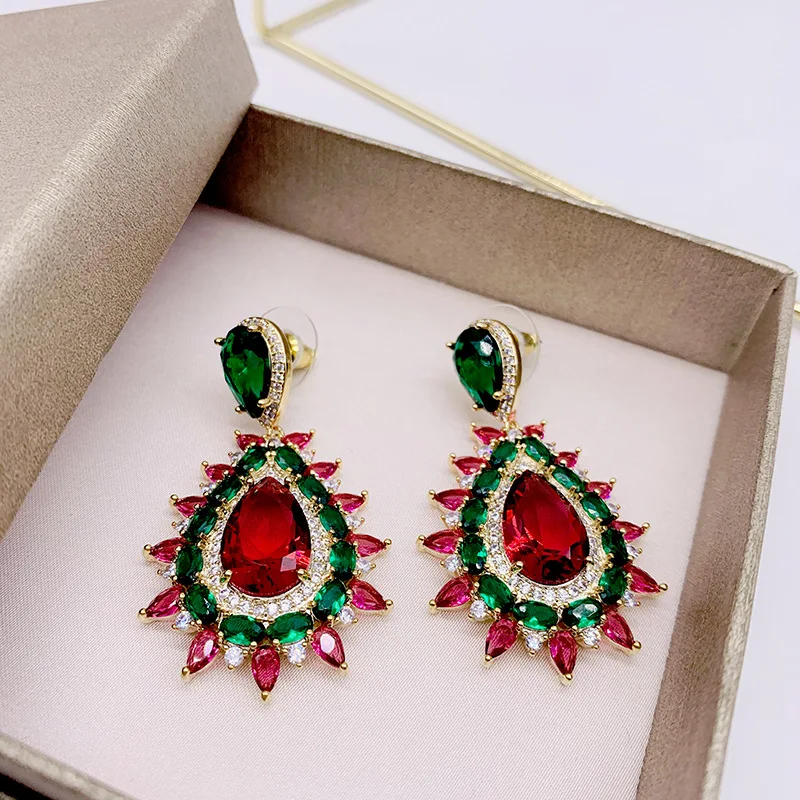 

EYER Luxury Elegant Flower Red Earrings CZ Cubic Zircon Craystal Bridal Earring Accessories For Women Wedding Jewelry gift