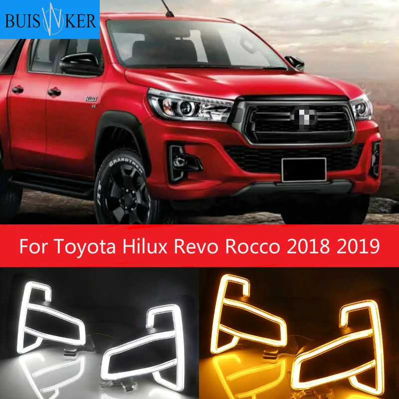 

1 Set For Toyota Hilux Revo Rocco 2018 2019 DRL LED Daytime Running Lights Diglight ABS Fog lamp Cover With Turn Yellow Signal