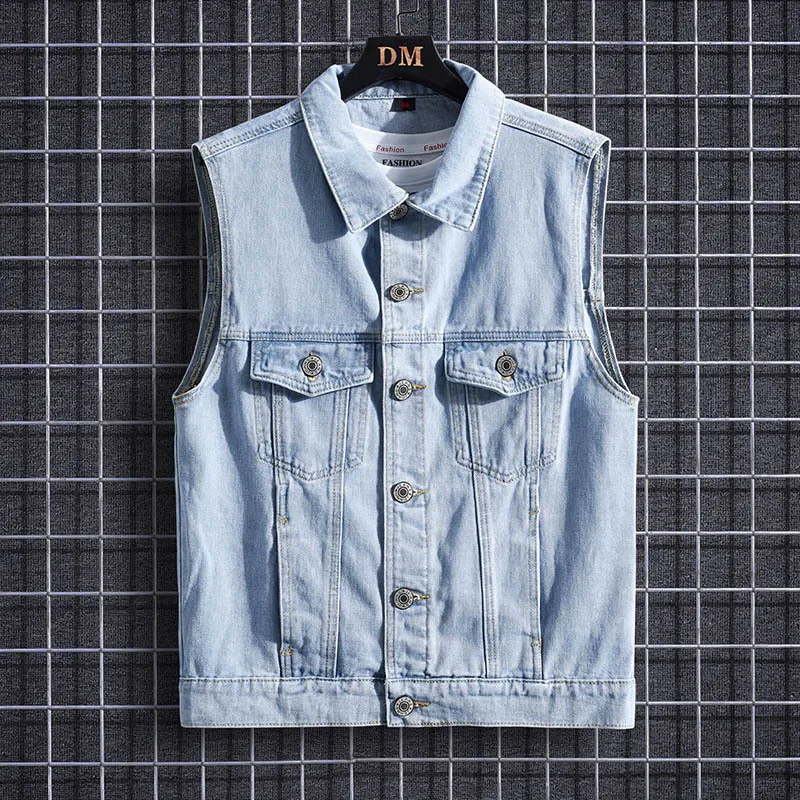 

2023 Men's Fall Lapels Denim Vest Teenagers Light Color Denim Vest