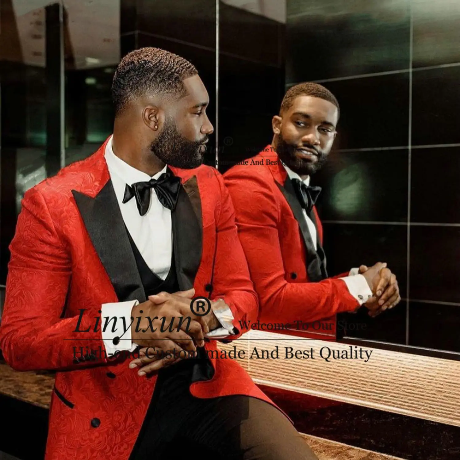 

Red Jacquard Mens Wedding Suits Black Lapel Double Breasted Groom Tuxedos Fashion Male Prom Party Blazer 3 Pieces Costume Homme