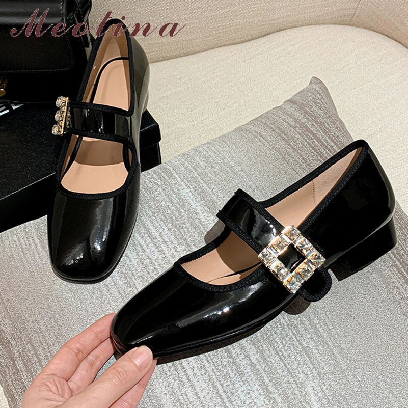 

Meotina Women Mary Janes Shoes Cow Patent Leather Flat Shoes Square Toe Crystal Buckle Strap Ladies Footwear 2022 Spring Black