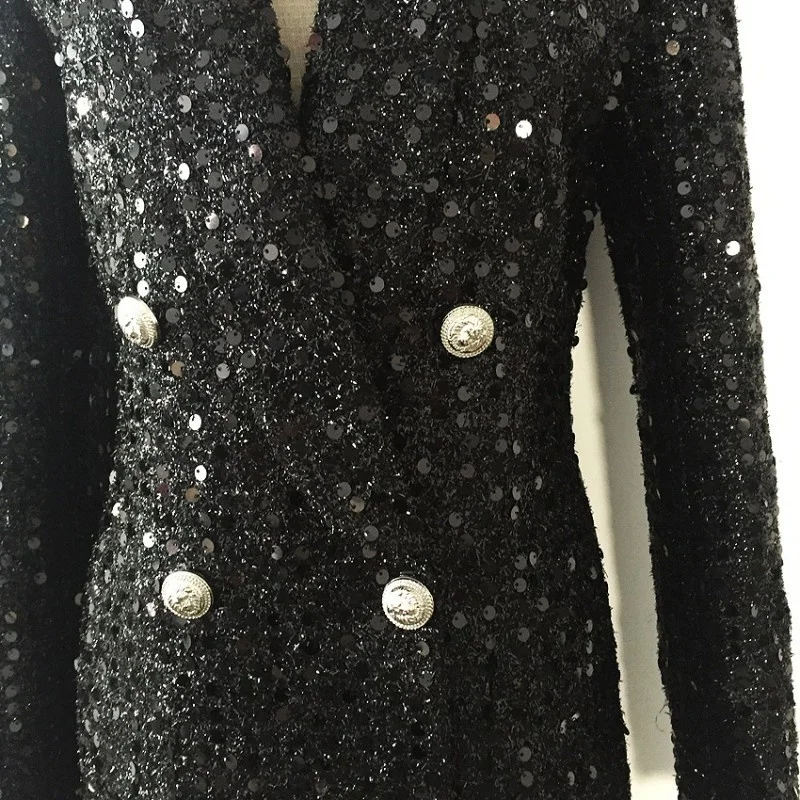 Brand Luxury New Womens Bright Silk Sequin Blazer Short Dress Double Breasted Notched Neck Gothic Party Club Black Sexy Dresses