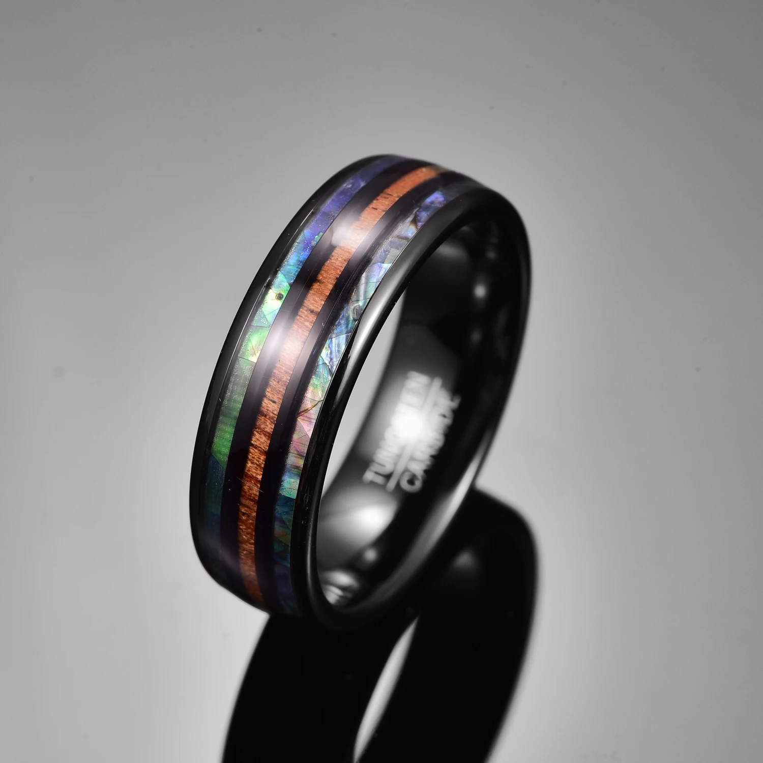 8mm Electric Black Inlaid Abalone Shell Wood Grain Dome Tungsten Carbide Men Ring Bohemia Engagement Ring For Mariage Jewelry