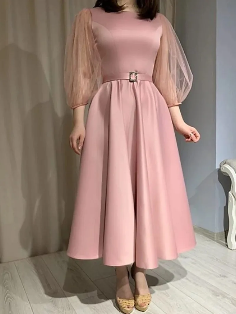 Bean Rosa Ankle Länge Arabisch Dubai Prom Kleid 2021 Scoop Puffy Sleeve Abend Party Kleider Vestidos De Noiva Customed