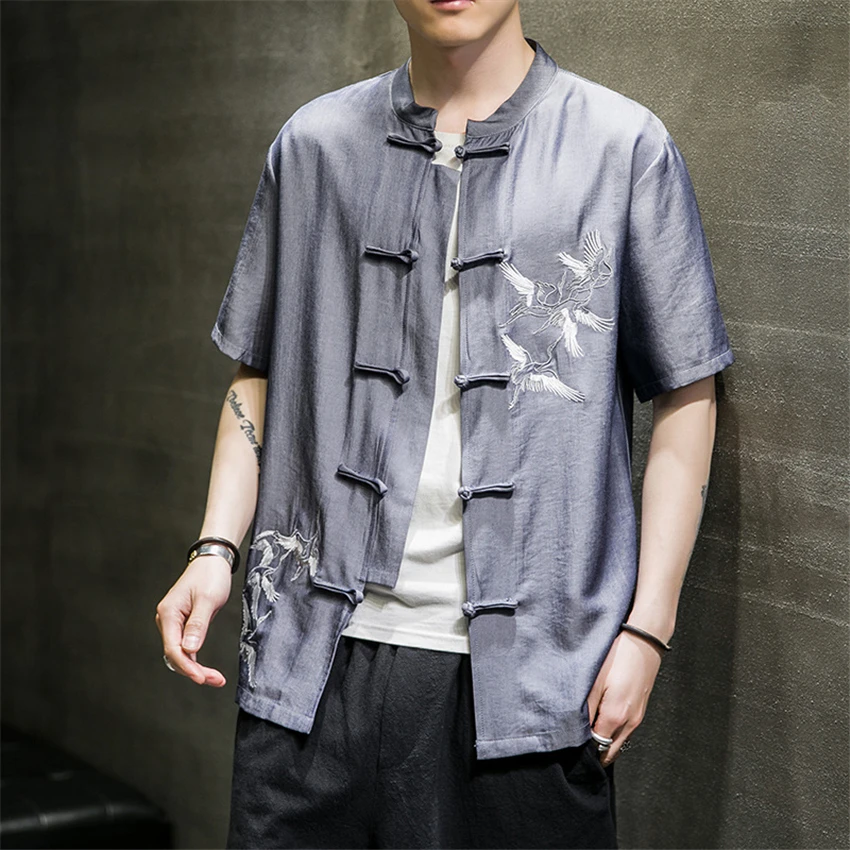 

Chinese Men Shirts Short Sleeve Summer Jacket Traditional Retro Embroidery Mandarin Collar Clothing Kungfu Shirt Streetwear