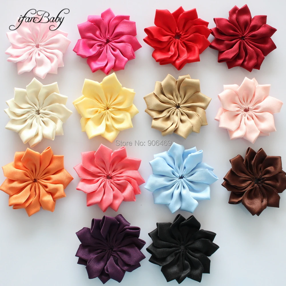 7cm Rose Ribbon Hair Flowers Satin Fabric Flower For Baby Girl Kids Women Headwear Accessories