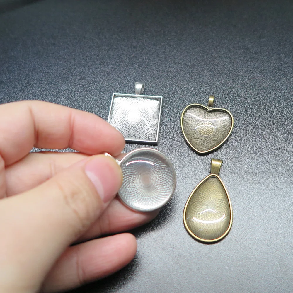 24 Sets 20mm~30mm Round/Heart/Teardrop/Square Shape Clear Crystal Glass Cabochons Cover Metal Cabochon Setting for DIY Pendant