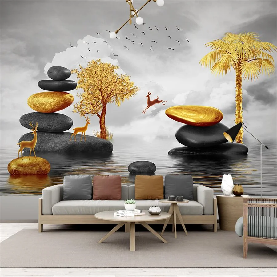 

wellyu Customized Wallpaper 3d Nordic Simple Light Luxury Mural Golden Stone Elk Fortune Tree TV Background Wall papel de parede