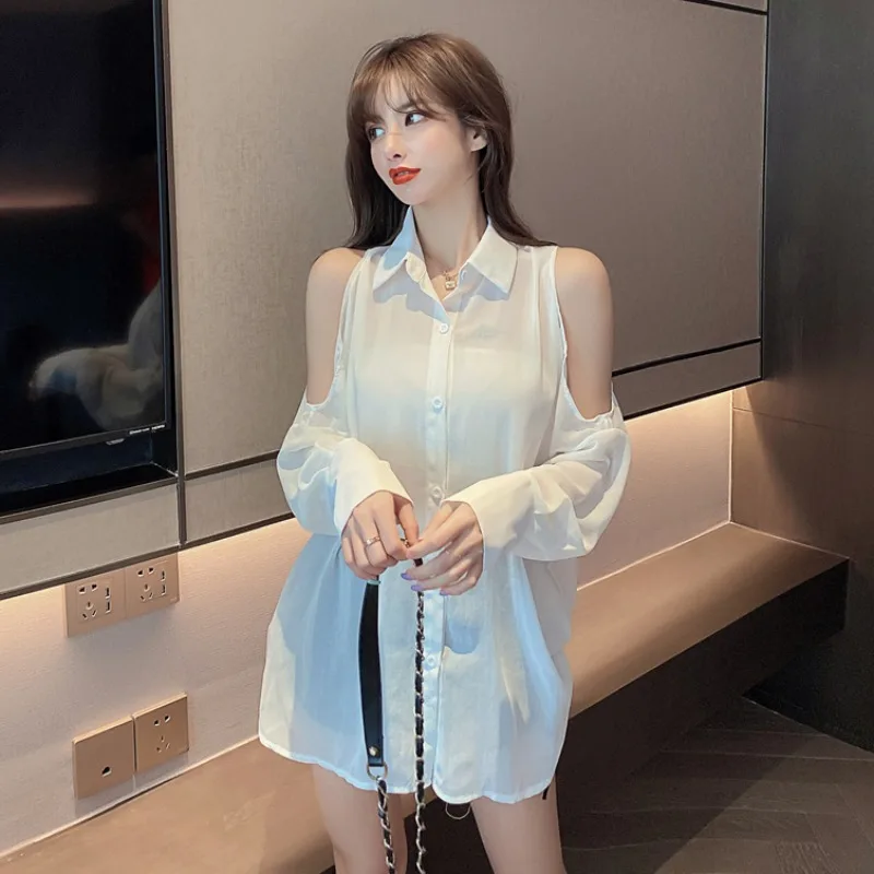 Shirts Women Loose Design Solid Summer Leisure Off Shoulder Minimalist Ladies Korean Style Mid-length Sun-proof Comfortable Chic