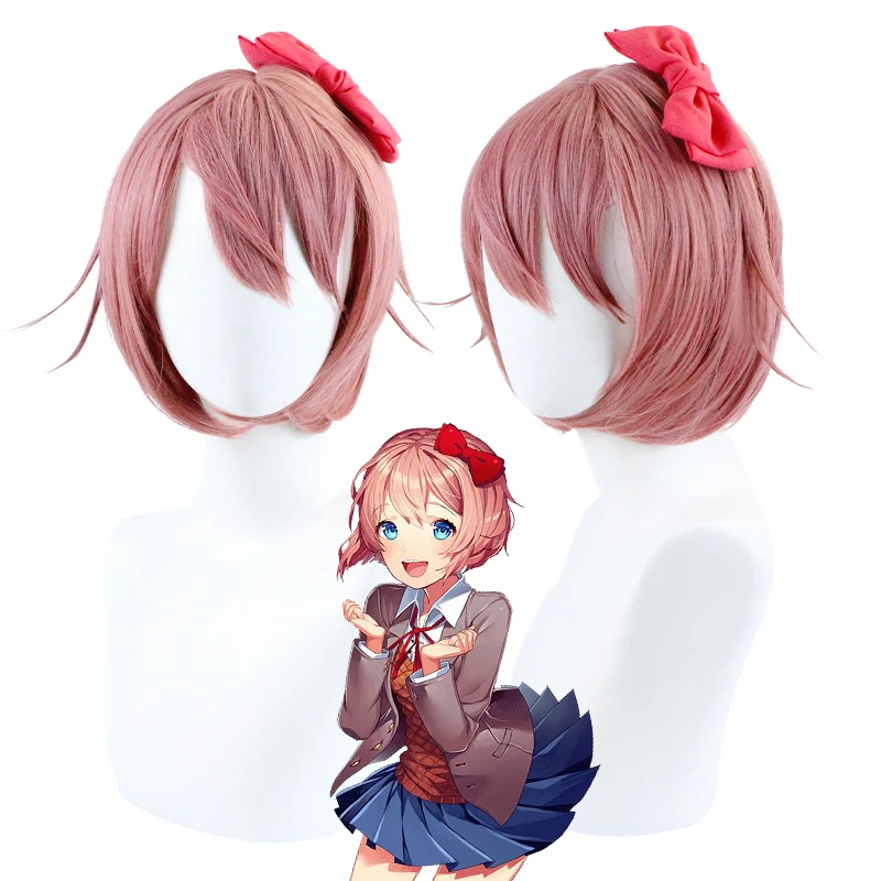 

JOY&BEAUTY Doki Doki Literature Club Sayori Cosplay Wig Short Pink Red Heat Resistant Synthetic Hair Wig + Wig Cap+ Bow Hairpin