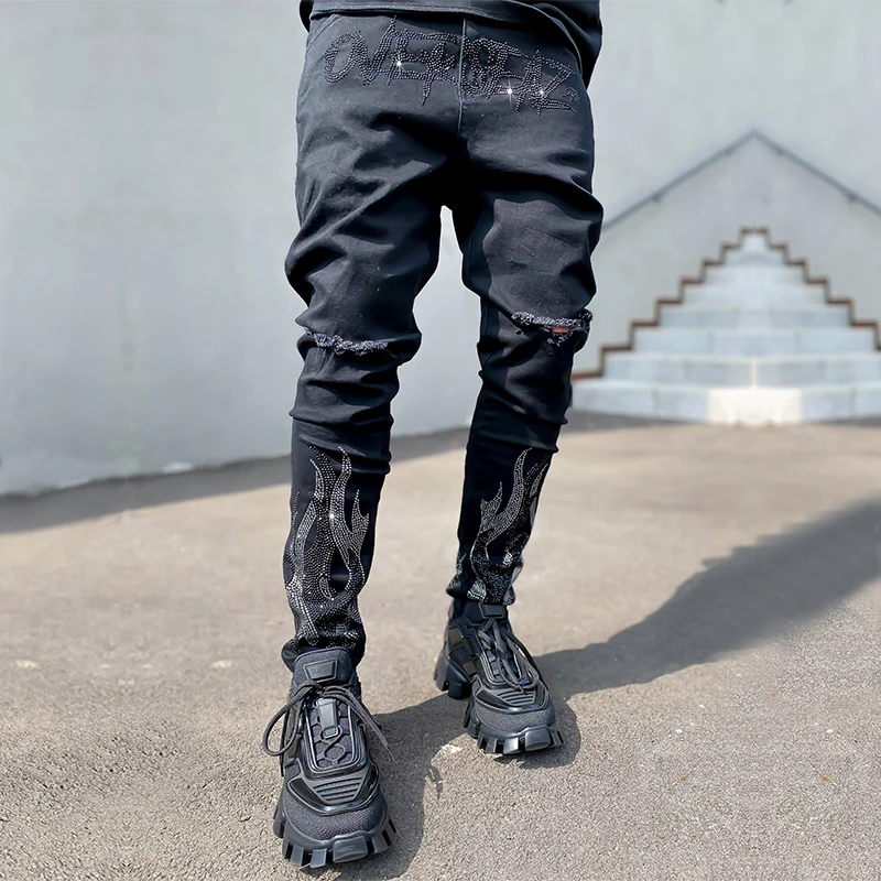 2023 Men\'s Ripped  Hot Drill Jeans Skinny Jeans Black Stretch Denim Pencil Pants MAN Denim Street Punk Slim Fit Biker Trousers