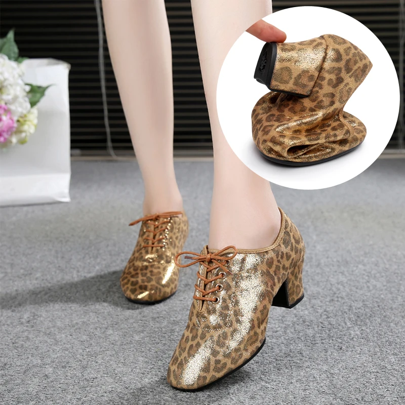 

Leopard print cashmere cloth sailor dance shoes women soft bottom Latin dance shoes practice shoes Shapin dance shoes