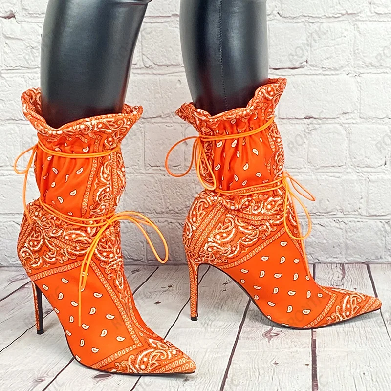 Romantische Neue Frauen Winter Stiefeletten Print Stiletto Heels Lace Up Spitz Ziemlich Orange Schwarz Blau Party Schuhe UNS größe 5-15