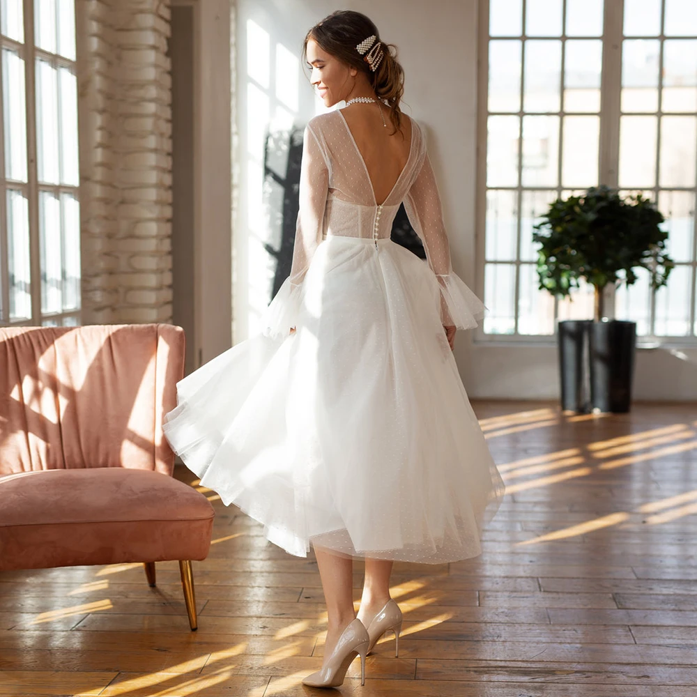 Vestido de novia corto romántico con mangas largas, vestido de novia Vintage largo hasta el té, vestido de recepción de tul con lunares