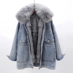 Fox Fur Collar Removable Rabbit Fur Liner Denim Jacket Coat Women Outerwear Winter Loose Thick Warm Jeans Jackets Parka Female